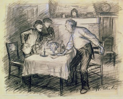 3人の男性がテーブルから立ち上がるインテリア（鉛筆と紙で洗う） 作： William James Glackens